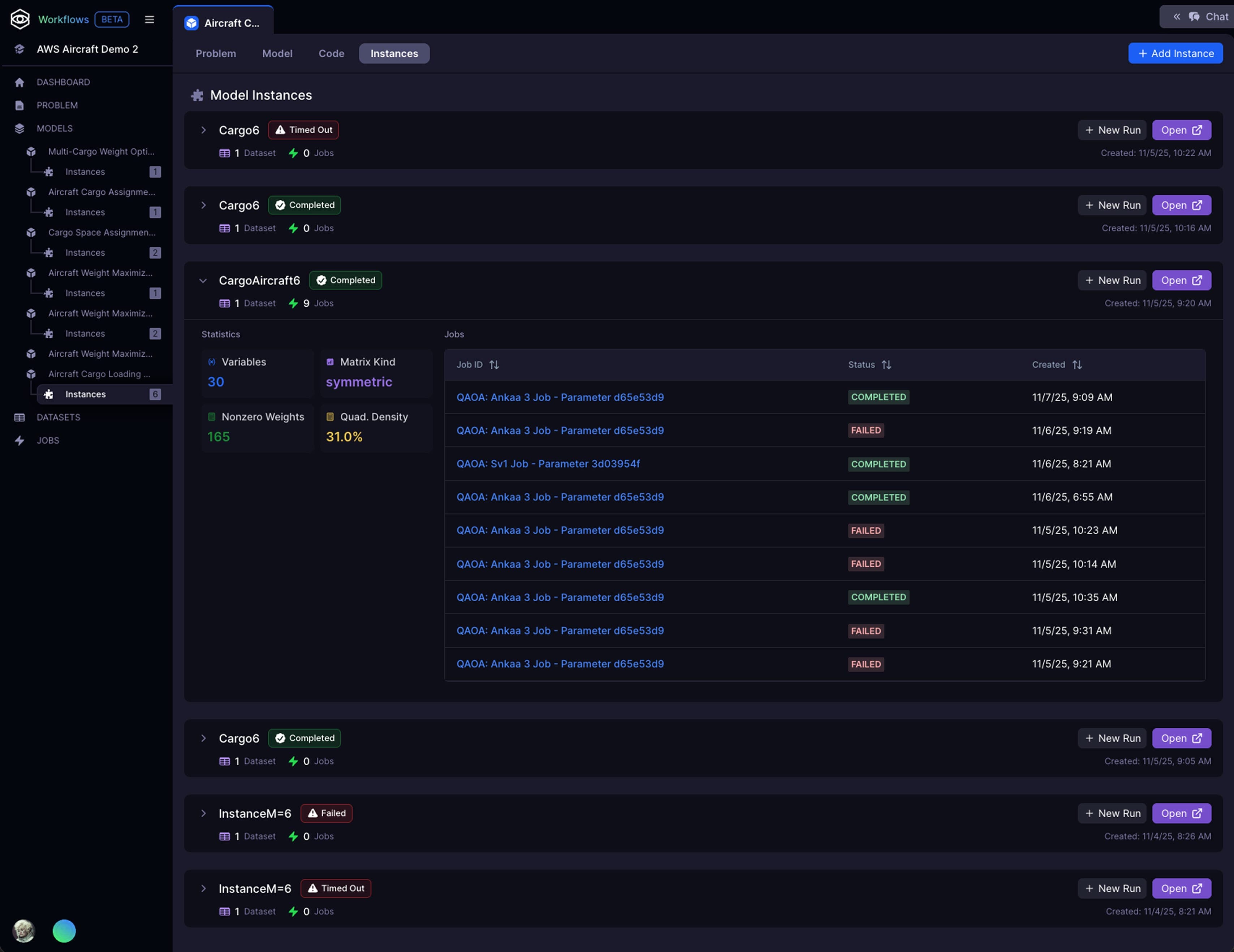 Strangeworks Workflows model instances view